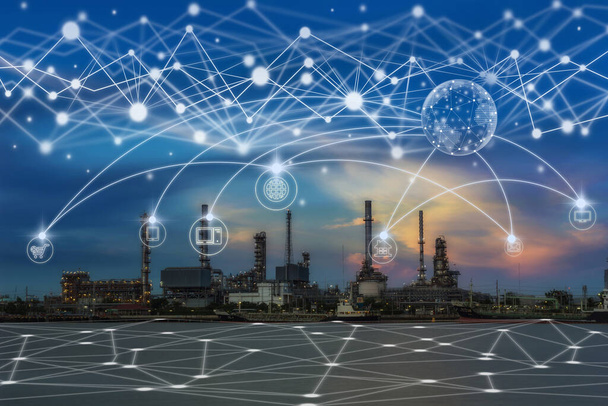 Communication network with multichannel omni channel of Oil and gas refinery at twilight - Petrochemical factory, Technology Smart City with Internet of Things concept - Photo, Image