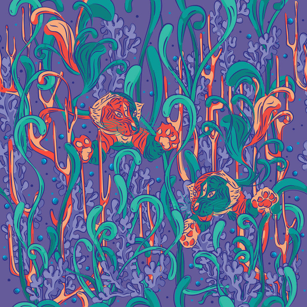 Chiński wzór noworoczny. Podwodne stworzenie tygrysie pływające między roślinami oceanicznymi. Świetne do tkanin, złom-booking, prezent-wrap, tapety, projekt produktu. Wektor - Wektor, obraz