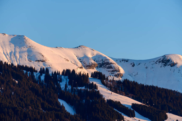Αυτή η φωτογραφία τοπίου τραβήχτηκε στην Ευρώπη, στη Γαλλία, στο Rhone Alpes, στη Σαβοΐα, στις Άλπεις, το χειμώνα. Βλέπουμε τα δάση ελάτης και Mont Joly, κάτω από τον ήλιο. - Φωτογραφία, εικόνα