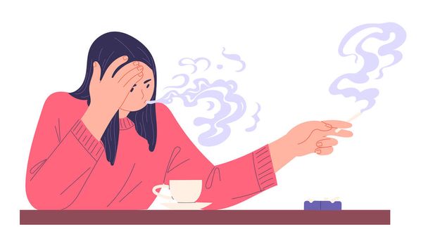 Woman smoking under stress holding a cigarette in her hand - Vector, Image