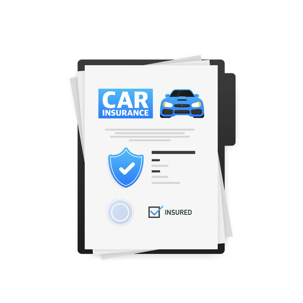 Infografía plana. Icono de seguro de coche sobre fondo azul. Ilustración plana de vectores isométricos - Vector, imagen