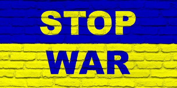 Bandera de Ucrania. Textura de pared de ladrillo. Texto escrito, Stop War. Diseño horizontal. Ilustración. - Foto, Imagen