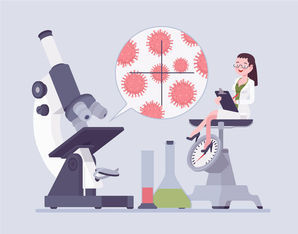 Female scientist, laboratory microscope for germs, viruses, bacteria study - Vector, Image