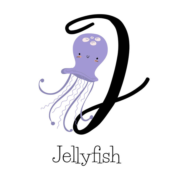 Столична літера J для медуз з милою фіолетовою медузою, дитяча абетка з ім'ям тварин, намальована рукою Векторні ілюстрації
 - Вектор, зображення