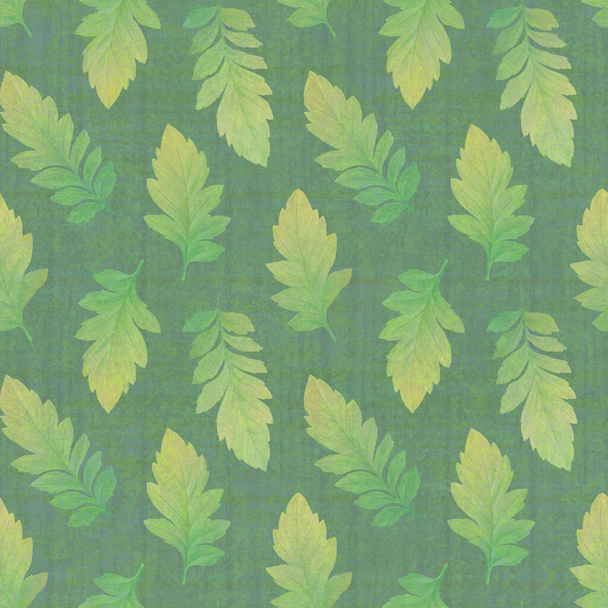 Abstract botanical pattern. Leaves on an abstract background. Bright background for design, wallpaper, wrapping paper, scrapbooking. Leaves painted with watercolors and digitally processed. - Foto, immagini