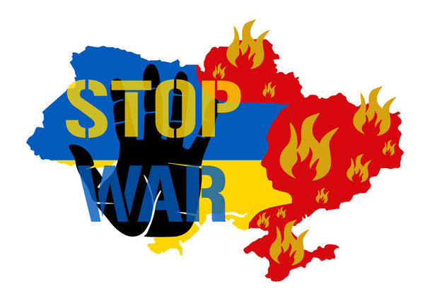 Stop war - palm. Save Ukraine. Stylized map of Ukraine with national flag and attacked burning territories in the form of a bloody head a usurper. Bleeding Ukraine map on fire with children open hand - Вектор,изображение