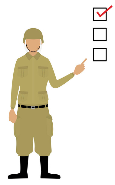 Senior Soldatin posiert und zeigt auf eine Checkliste - Vektor, Bild