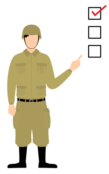 Männliche Soldatenpose, auf eine Checkliste zeigend - Vektor, Bild