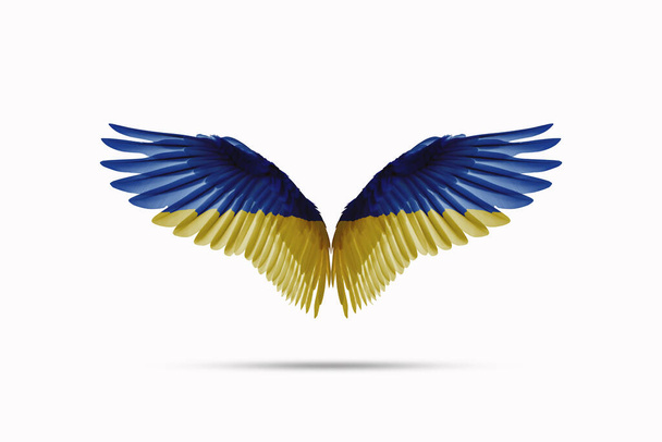 Ουκρανική σημαία χρωματιστά φτερά Απομονωμένα σε λευκό φόντο, στυλ διπλής έκθεσης. διαδρομή κοπής - Φωτογραφία, εικόνα