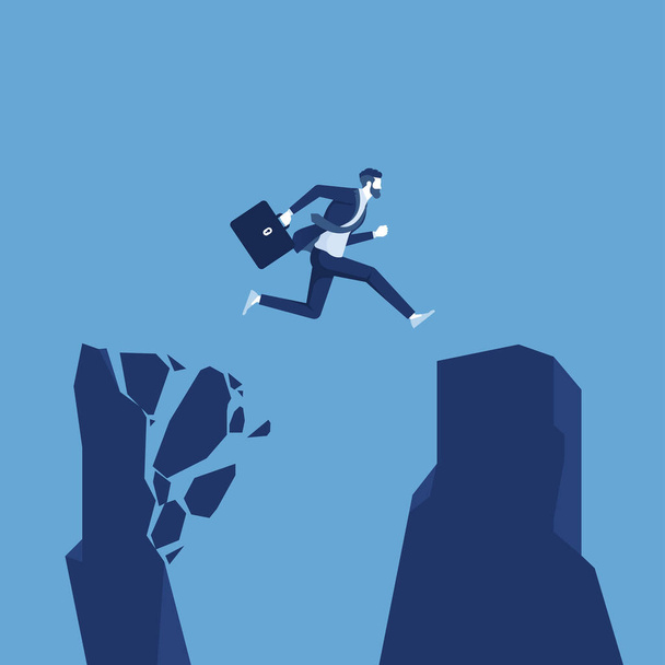 Uomo d'affari con una valigetta che salta da una roccia di montagna friabile a un'altra roccia più sicura, raggiungendo la sicurezza da un concetto di ambiente aziendale rischioso e pericoloso - Vettoriali, immagini