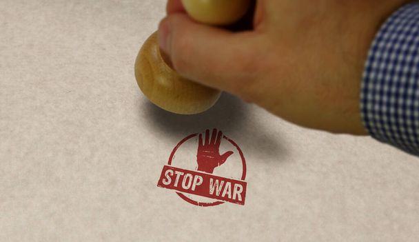 Detenga el sello de guerra y la mano de estampación. Paz, ningún concepto de agresión y pacifismo. - Foto, Imagen