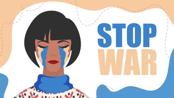 Stop war. The girl cries with the color of the Ukrainian flag. Vector. - Vecteur, image