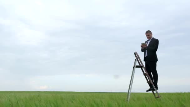 Egy férfi keres egy mobil kapcsolatot a mező közepén, felmászik egy létrán.. - Felvétel, videó