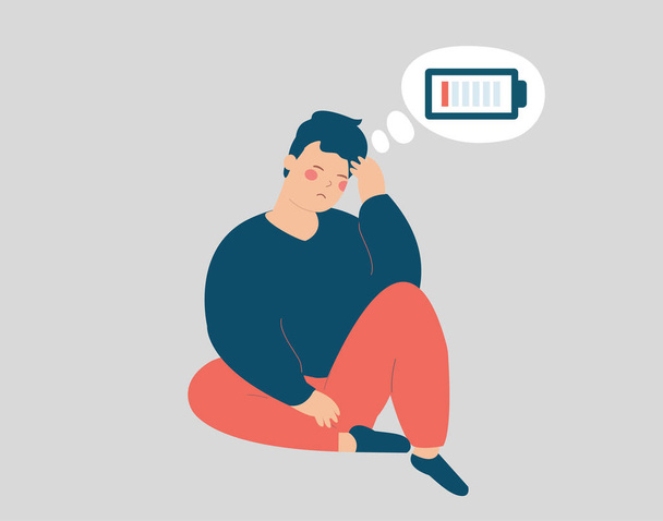 Young man looks stressed with overweight sits on the floor with a discharged battery in his thoughts. Tired boy hugs his knees and has an emotional burnout. Mental health disorder, depression, stress. - Vector, imagen