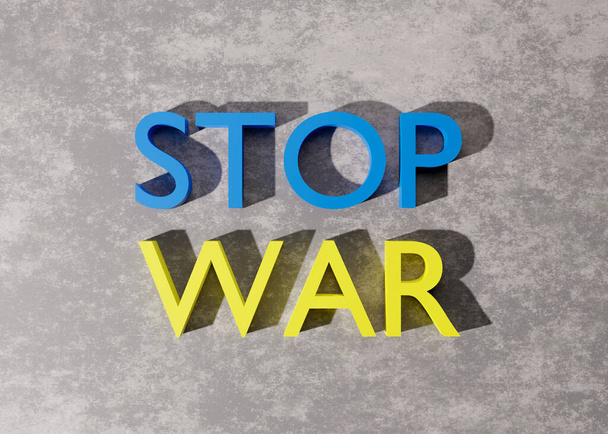 Text STOP WAR in colors of Ukrainian flag, blue and yellow, on gray background. Russian Ukrainian conflict. Save Ukraine. Stop military attack. Support for the country during occupation. 3D rendering. - Foto, immagini