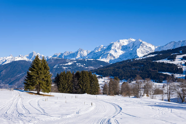 Αυτή η φωτογραφία τοπίου τραβήχτηκε στην Ευρώπη, στη Γαλλία, στο Rhone Alpes, στη Σαβοΐα, στις Άλπεις, το χειμώνα. Βλέπουμε ένα μονοπάτι μπροστά από το βουνό Mont Blanc, κάτω από τον Ήλιο. - Φωτογραφία, εικόνα