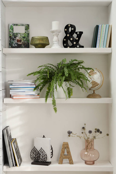 Piękna zielona roślina i inny wystrój na półkach w pokoju. Projekt wnętrza - Zdjęcie, obraz