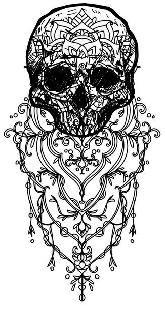 dibujo del cráneo del arte del tatuaje blanco y negro - Vector, Imagen