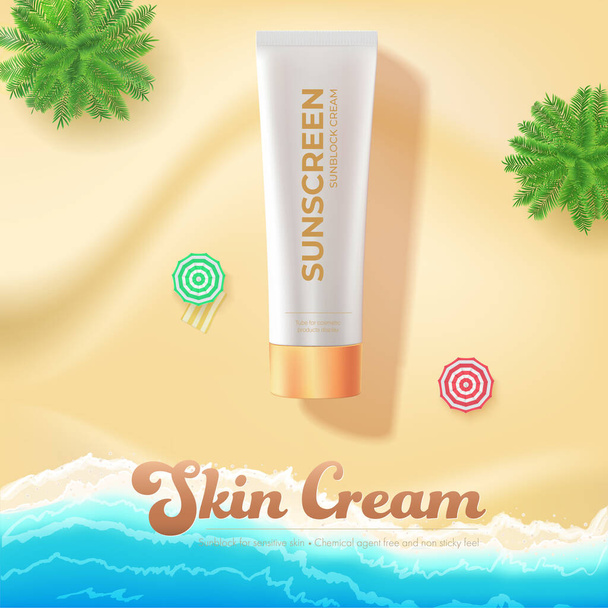 Sunscreen cream on tropical beach. Beach scene. - Vector, Image