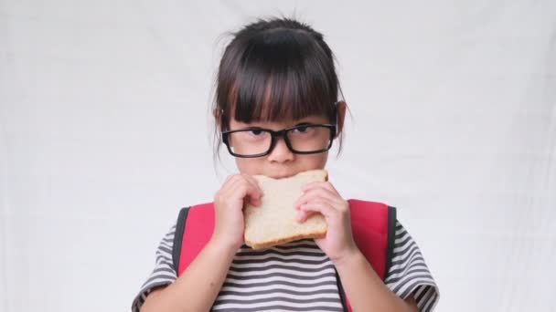 Söpö koulutyttö lounaalla koulussa. Söpö tyttö, jolla on leipää valkoisella taustalla studiossa. Käsite ravitsemus koulussa. - Materiaali, video