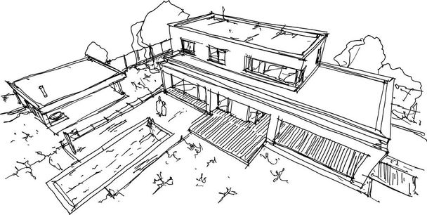 kézzel rajzolt építészeti vázlatok modern egy emeletes családi ház lapos tetővel és az emberek körül - Vektor, kép