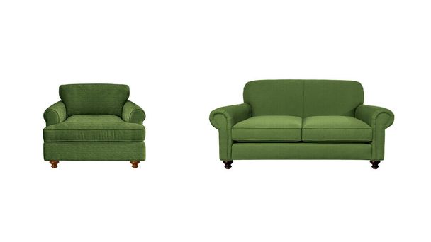 Κλασσική πολυθρόνα και καναπές art deco σε πράσινο βελούδο με ξύλινα πόδια με clipping μονοπάτι που απομονώνεται σε λευκό φόντο. Σειρά επίπλων - Φωτογραφία, εικόνα