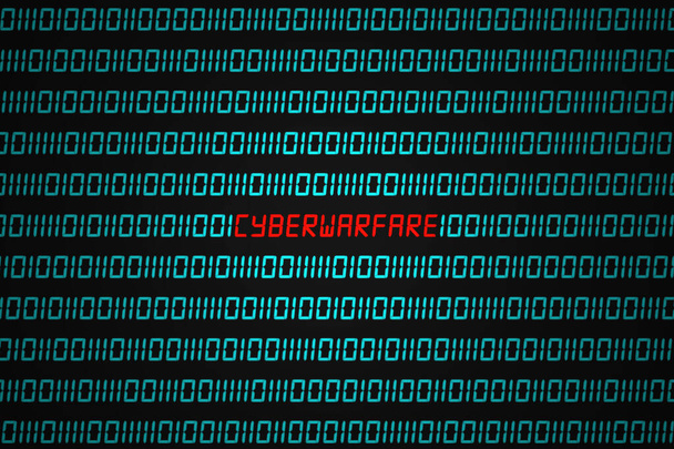 Rotes Wort Cyberwarfare in der Mitte einer Binärcode-Sequenz versteckt. - Foto, Bild