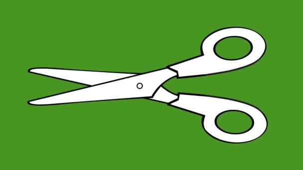 Animación en bucle de una tijera dibujada en blanco y negro. Sobre un fondo clave de croma verde - Metraje, vídeo