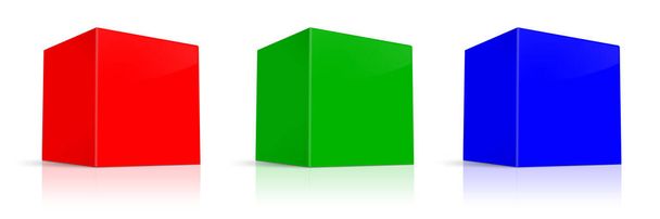 Tři RGB softwarové boxy prázdné šablony červené, zelené a modré pro prezentaci rozvržení a design. 3D vykreslování. Digitálně generovaný obrázek. Izolováno na bílém pozadí. - Fotografie, Obrázek