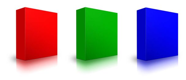 Drei RGB-Software-Boxen leeren Vorlage rot, grün und blau für Präsentationslayouts und Design. 3D-Rendering. Digital generiertes Bild. Isoliert auf weißem Hintergrund. - Foto, Bild