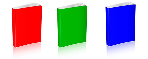 Три книги RGB Paperback пустые шаблоны красный, зеленый и синий для макетов презентаций и дизайна. 3D рендеринг. Цифровое изображение. Изолированный на белом фоне. - Фото, изображение