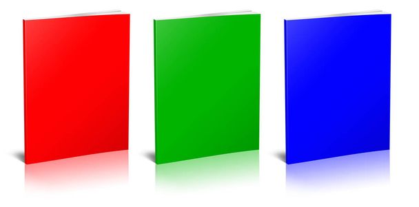 Drei RGB-Taschenbücher leere Vorlage rot, grün und blau für Präsentationslayouts und Design. 3D-Rendering. Digital generiertes Bild. Isoliert auf weißem Hintergrund. - Foto, Bild