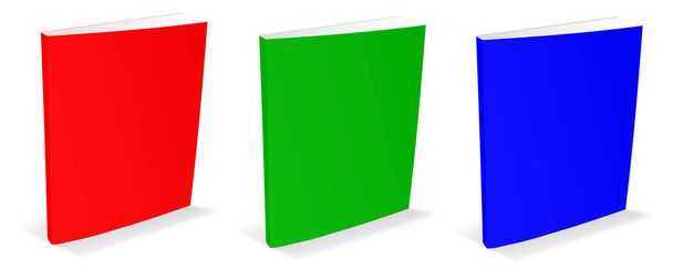Trois livres de poche RVB blanc modèle rouge, vert et bleu pour les mises en page de présentation et de conception. rendu 3D. Image générée numériquement. Isolé sur fond blanc. - Photo, image