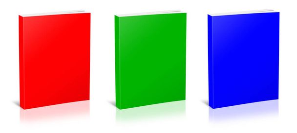 Három RGB Paperback könyvek üres sablon piros, zöld és kék bemutató elrendezések és design. 3D renderelés. Digitálisan generált kép. Fehér alapon elszigetelve. - Fotó, kép