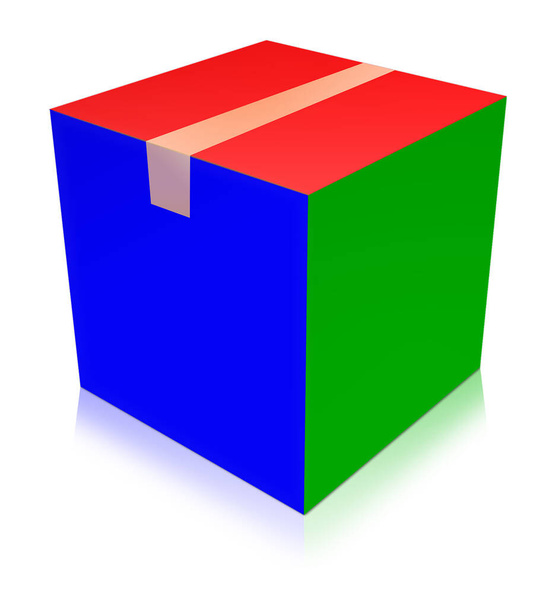 RGB Shipping Box tyhjä malli punainen, vihreä ja sininen esitys ulkoasuja ja suunnittelua. 3D-mallinnus. Digitaalisesti luotu kuva. Eristetty valkoisella pohjalla. - Valokuva, kuva