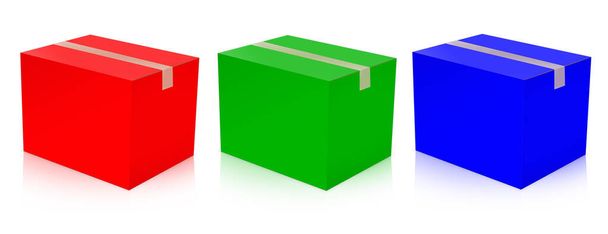 Drei RGB Shipping Box Leervorlagen rot, grün und blau für Präsentationslayouts und Design. 3D-Rendering. Digital generiertes Bild. Isoliert auf weißem Hintergrund. - Foto, Bild