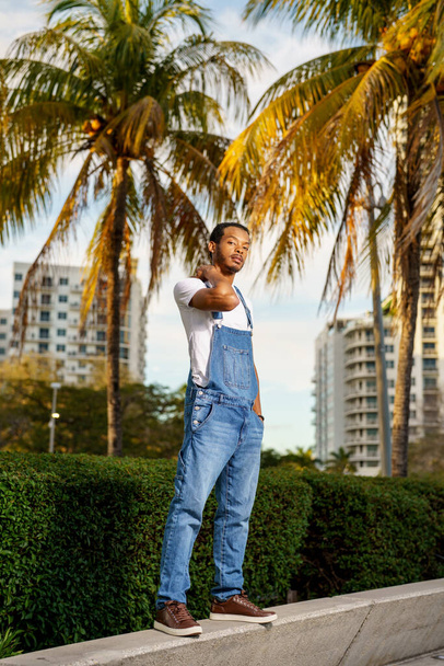 Photo of a handsome African American male model in park with palms in background - Foto, Bild