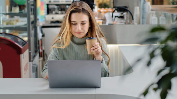 Front view caucasian busy focused woman girl freelancer worker user smm specialist marketer working laptop typing drinking coffee in cafe online business e-commerce e-learning businesswoman chatting - Photo, Image