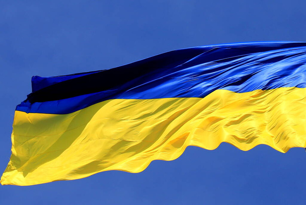 Ukraine flag flies in blue sky. Large yellow blue Ukrainian national state flag, city Kyiv, Ukraine - Photo, Image