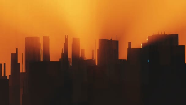 Будущий современный городской силуэт в утреннем оранжевом тумане восхода солнца. Городской фон, наклон кадра, 3D иллюстрация - Кадры, видео