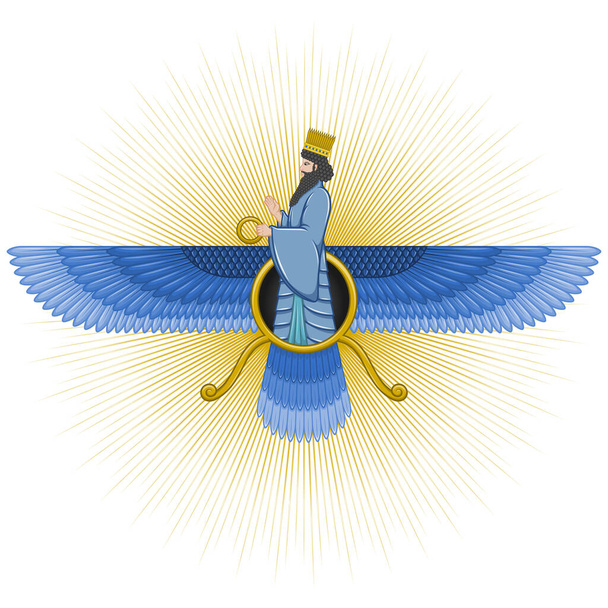 Diseño vectorial del símbolo de Faravahar, lado símbolo del zoroastrismo donde se muestra Ahura Mazda - Vector, imagen