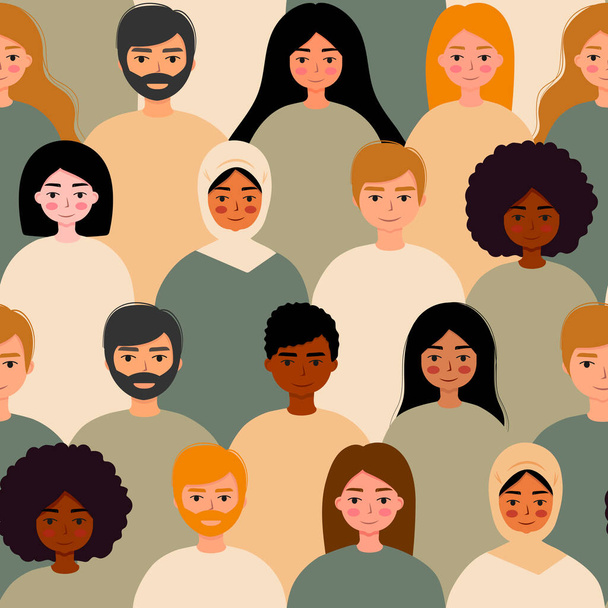 Portrait de diverses personnes debout ensemble vectoriel motif sans couture. Diversité multiraciale, multiethnique.  - Vecteur, image