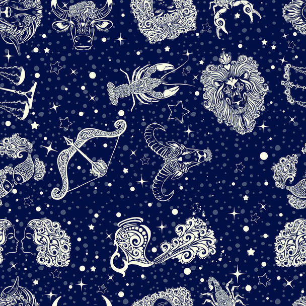 Espaço Galaxy constelação padrão sem costura impressão poderia ser usado para têxteis, esteira de ioga estrela do zodíaco, ilustração vetorial - Vetor, Imagem