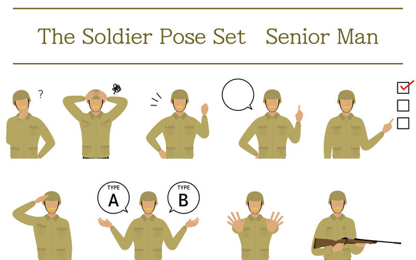 Conjunto de postura de soldado masculino senior, interrogatorio, preocupante, alentador, señalador, etc.. - Vector, imagen