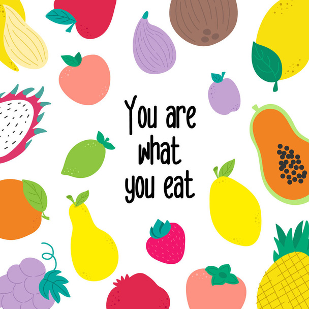Cute funny characters isolated. Vegan slogan motivation. You are what you eat. fruits plants. Healthy lifestyle. - Vector, Image