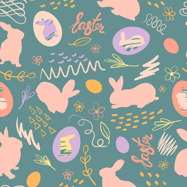 Easter bunny, chicken eggs and doodle with the inscription Easter. Festive seamless pattern. Vector - Vettoriali, immagini