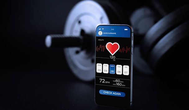 Aplikacja fitness. Ekran smartfona z siłownią sportową lub mobilną aplikacją fitness na czarnym tle hantli. Program fitness online - Zdjęcie, obraz