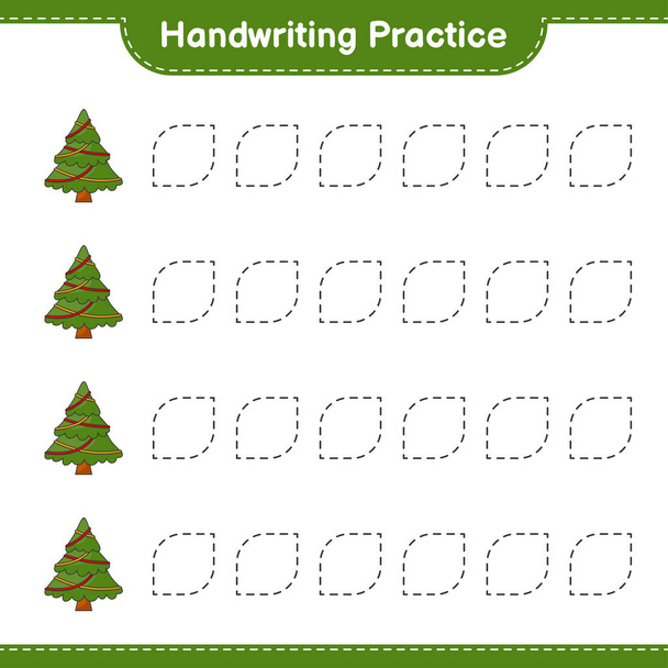 Kézírás gyakorlat. A karácsonyfa nyomvonalait követem. Oktatási gyermek játék, nyomtatható munkalap, vektor illusztráció - Vektor, kép