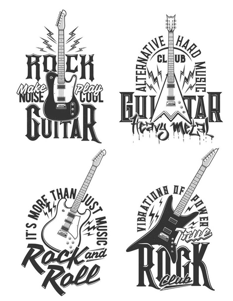 T-Shirt-Prints mit E-Gitarren, Vektor-Embleme für Hard Rock Musik Club oder Band Bekleidungsdesign. T-Shirt monochrome Drucke mit Typografie für Musikfestival isolierte Etiketten mit Verstärker und Blitzen - Vektor, Bild