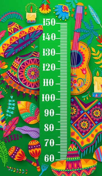 Kids height chart with Mexican guitars, sombrero, poncho and maracas, vector growth measuring meter. Kid measure scale or baby height ruler with cartoon Mexican fiesta and alebrije ornament flowers - Vector, imagen